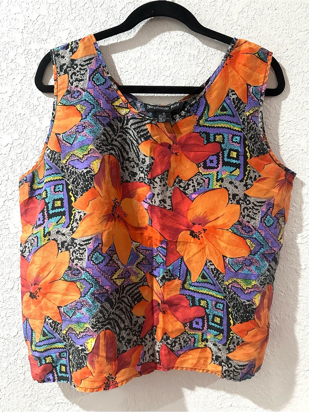 ! Vintage Stephanie Kay Orange Floral Sleeveless Top 100% Silk
